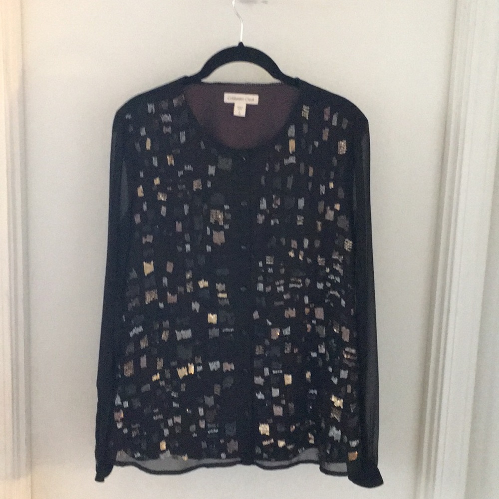 Black dressy blouse, sheer sleeves, sequin detail